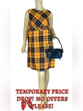 VINTAGE 1960'S M.H. FINE CO YELLOW & BLUE PLAID WOOL BLEND SHIFT DRESS (12)